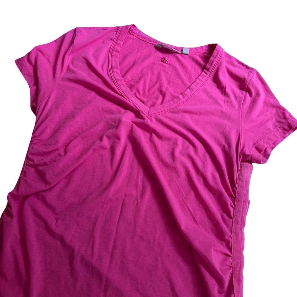Athleta Womens Magenta Pink Ruched Side V-Neck Short Sleeve Activewear Top L